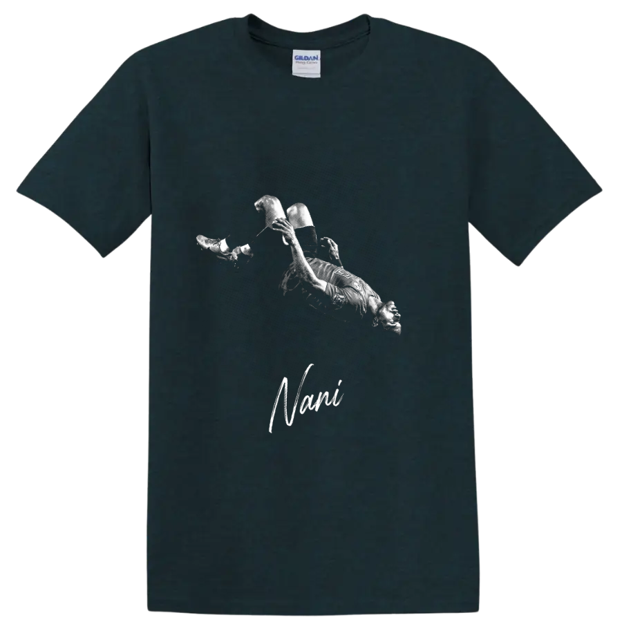 Nani performing a bicycle kick in distressed monochrome soccer artwork on a Midnight (Green) T Shirt