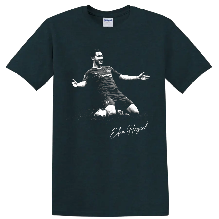 Eden Hazard knee-slide soccer celebration in distressed monochrome with signature detail on a Midnight (Green) T Shirt