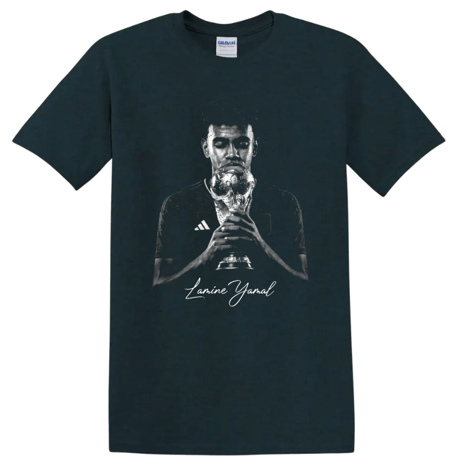 Lamine Yamal holding a championship trophy in distressed monochrome portrait art on a Midnight (Green) T Shirt
