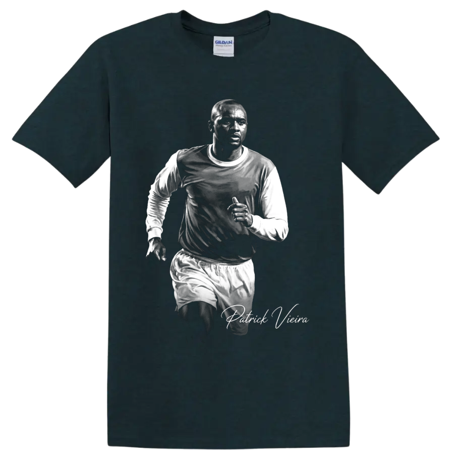 Patrick Vieira running soccer portrait in black-and-white with signature-style lettering on a Midnight (Green) T Shirt