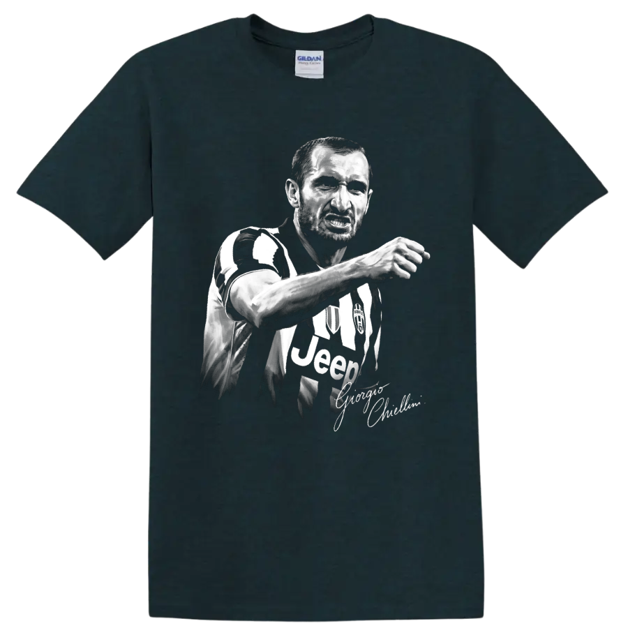 Giorgio Chiellini black-and-white Juventus defender portrait with signature-style script on a Midnight (Green) T Shirt