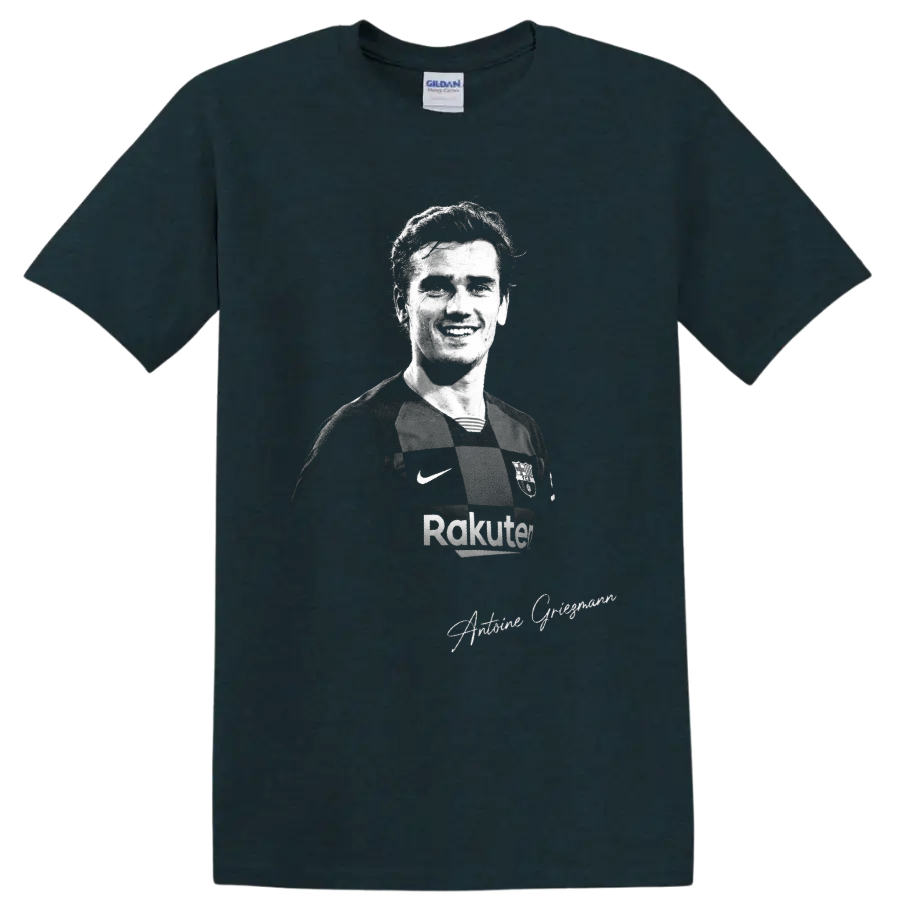 Antoine Griezmann monochrome soccer portrait in Barcelona jersey with signature script on a Midnight (Green) T Shirt