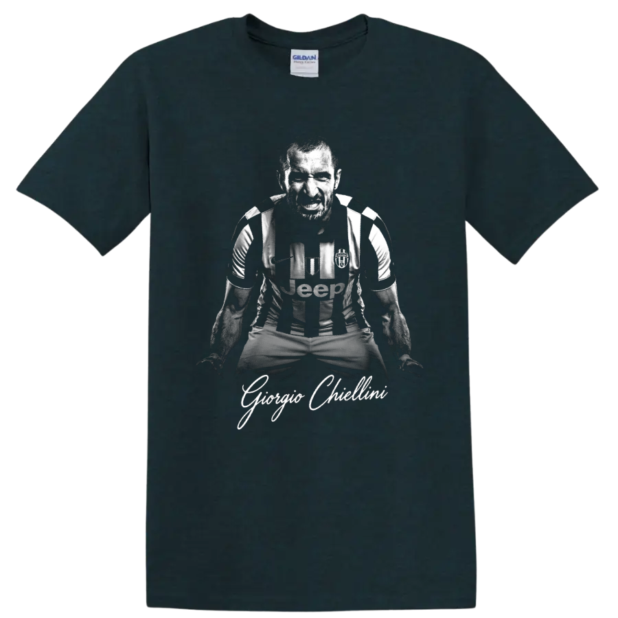 Giorgio Chiellini fierce monochrome Juventus defender portrait with signature-style text on a Midnight (Green) T Shirt