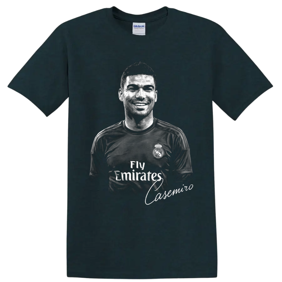 Monochrome Casemiro soccer player portrait with signature-style name accent on a Midnight (Green) T Shirt