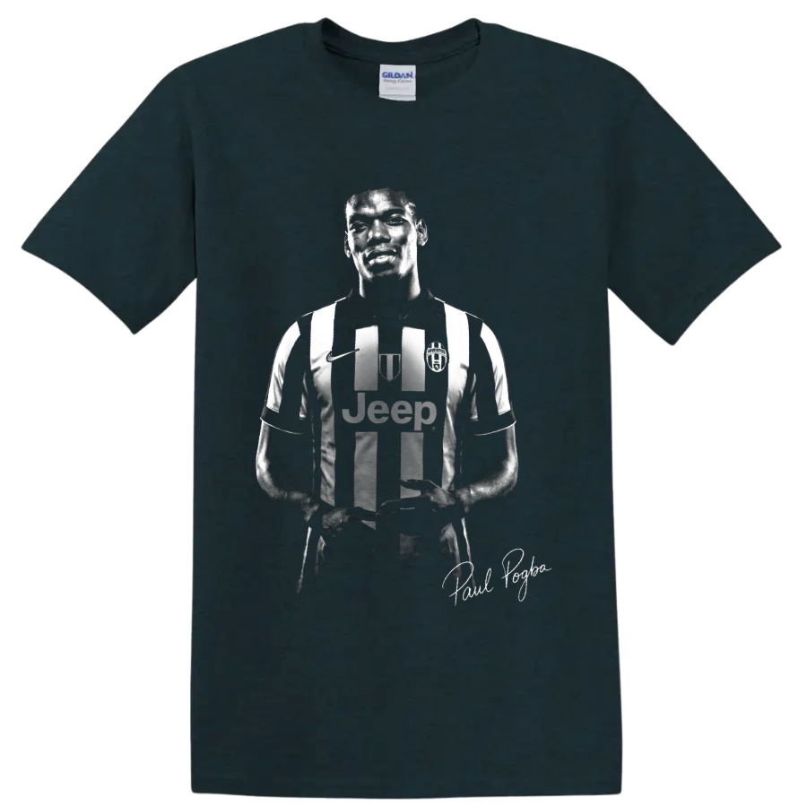 Paul Pogba Juventus striped jersey portrait in dramatic monochrome graphic style on a Midnight (Green) T Shirt