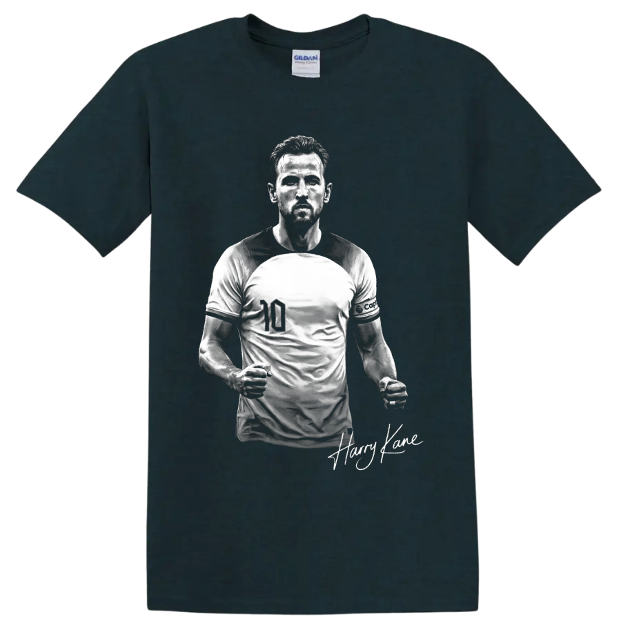 Harry Kane England soccer player portrait with number 10 jersey and signature detail on a Midnight (Green) T Shirt