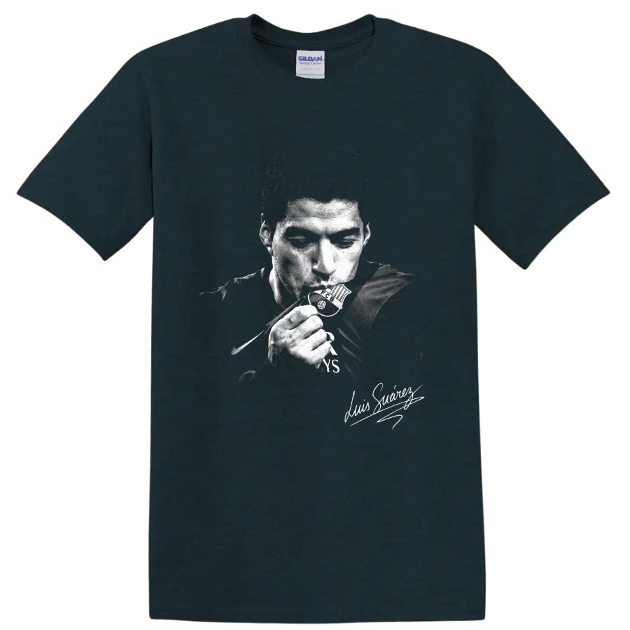 Luis Suárez distressed black-and-white soccer portrait with signature-style detail on a Midnight (Green) T Shirt