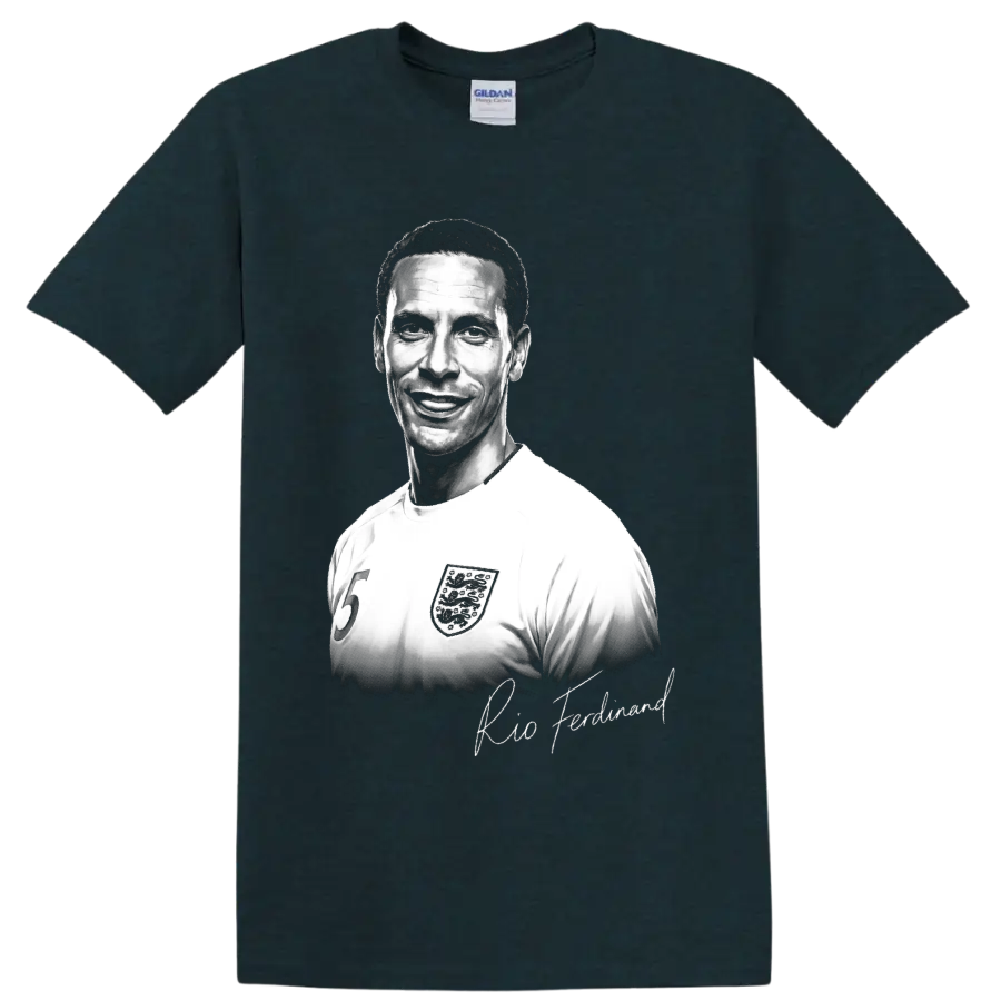 Rio Ferdinand England soccer number 5 portrait with signature-style lettering on a Midnight (Green) T Shirt