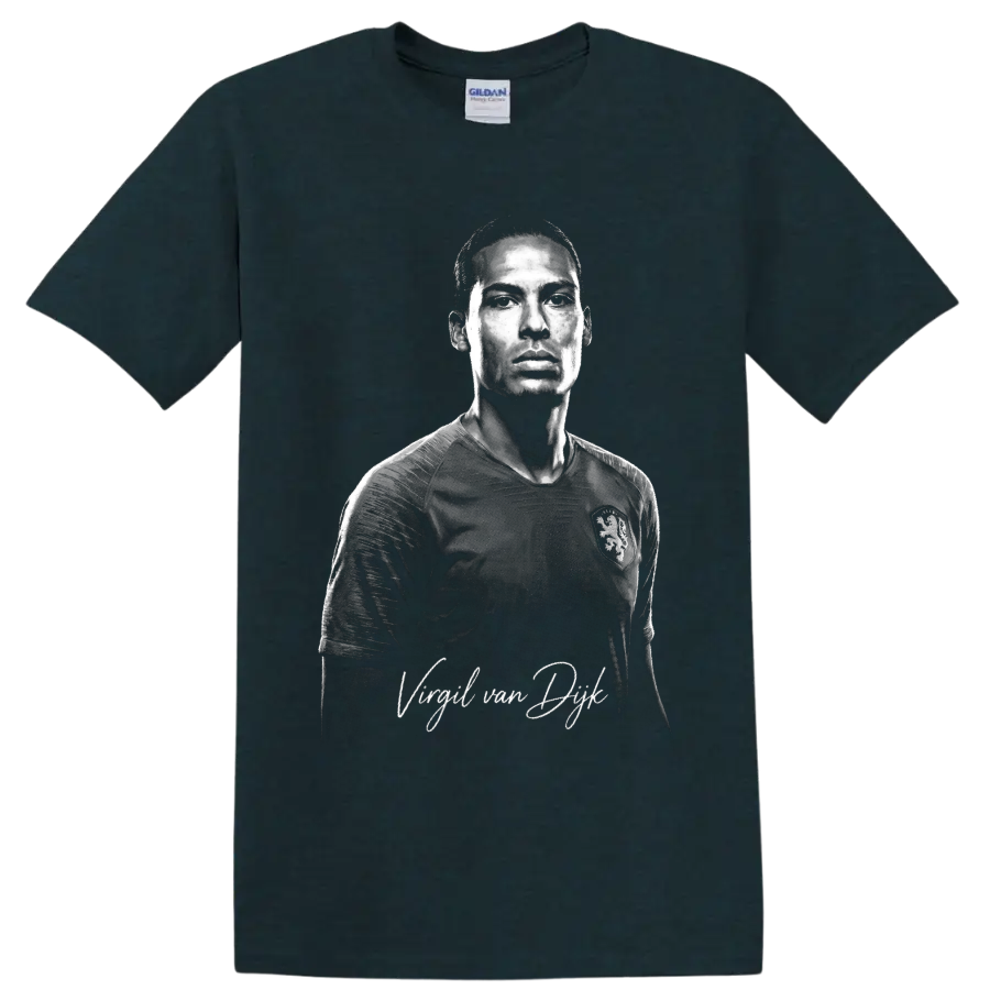 Monochrome illustrated portrait of Virgil van Dijk in a Netherlands soccer jersey on a Midnight (Green) T Shirt