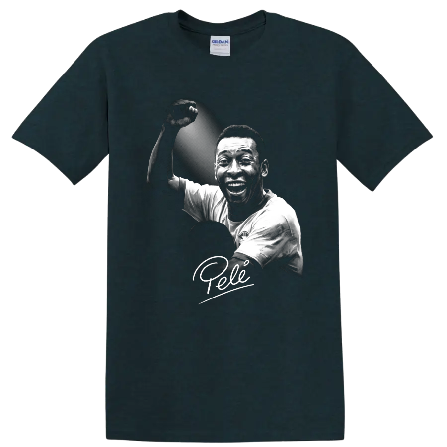 Pelé black-and-white soccer portrait with raised fist and signature-style script on a Midnight (Green) T Shirt