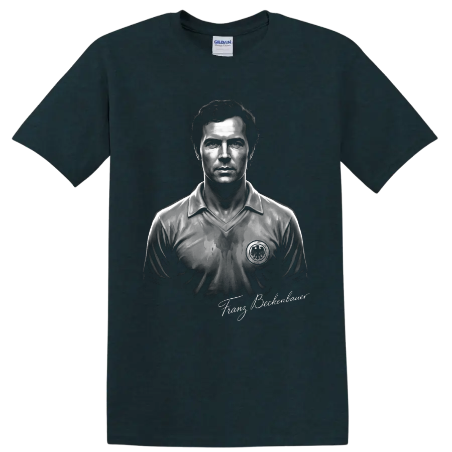 Monochrome Franz Beckenbauer soccer portrait with signature-style lettering on a Midnight (Green) T Shirt