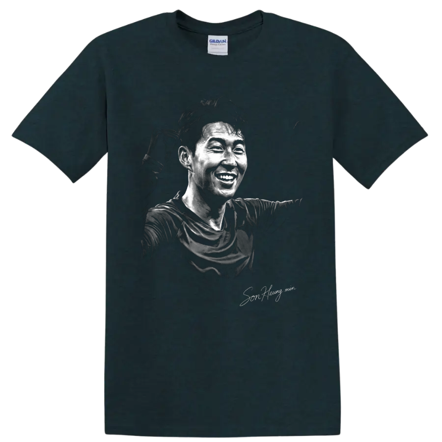 Son Heung-min smiling soccer portrait in high-contrast black-and-white illustration on a Midnight (Green) T Shirt