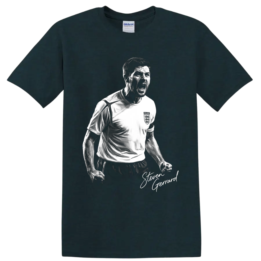 Steven Gerrard England soccer captain black-and-white celebration portrait with signature on a Midnight (Green) T Shirt
