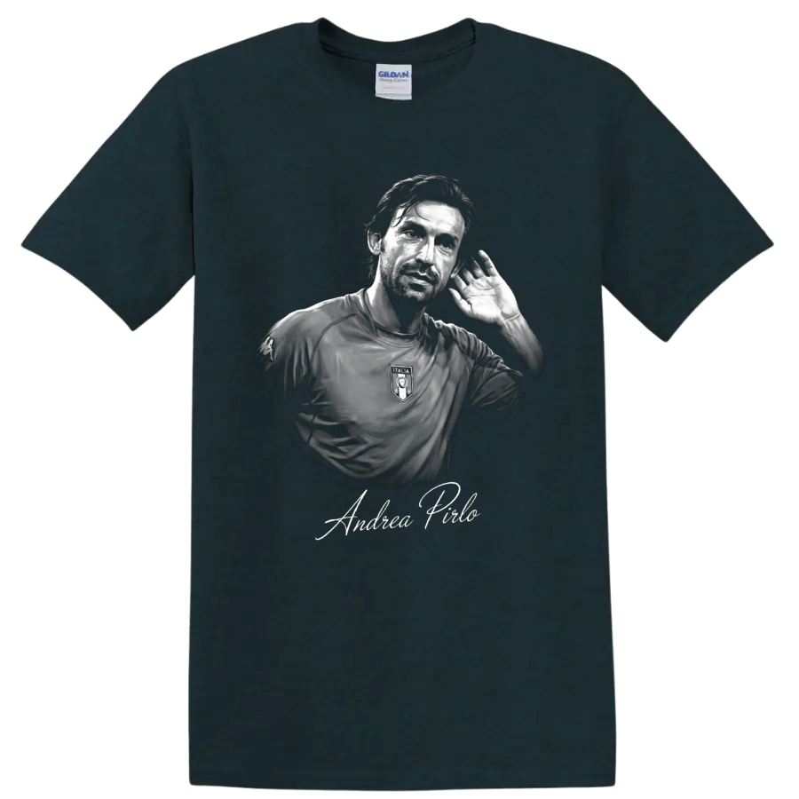 Andrea Pirlo Italy soccer portrait with raised-hand gesture and signature lettering on a Midnight (Green) T Shirt