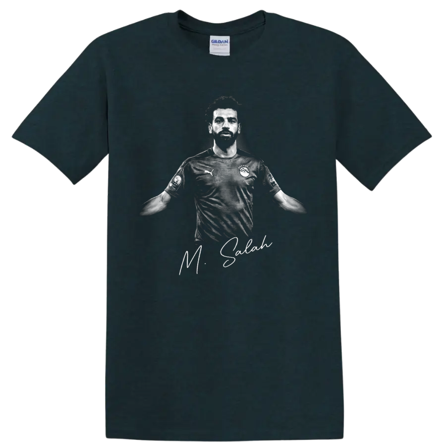 Mohamed Salah grayscale soccer portrait with signature-style lettering on a Midnight (Green) T Shirt