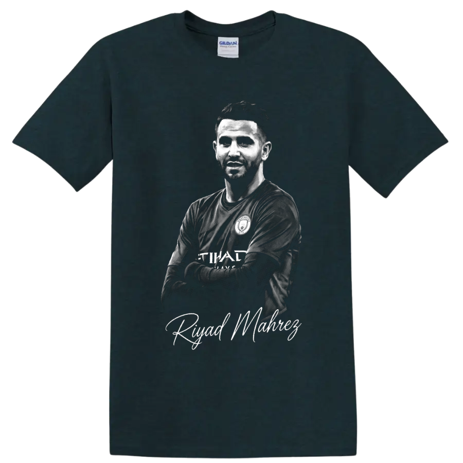 Riyad Mahrez monochrome soccer portrait with signature-style name lettering on a Midnight (Green) T Shirt
