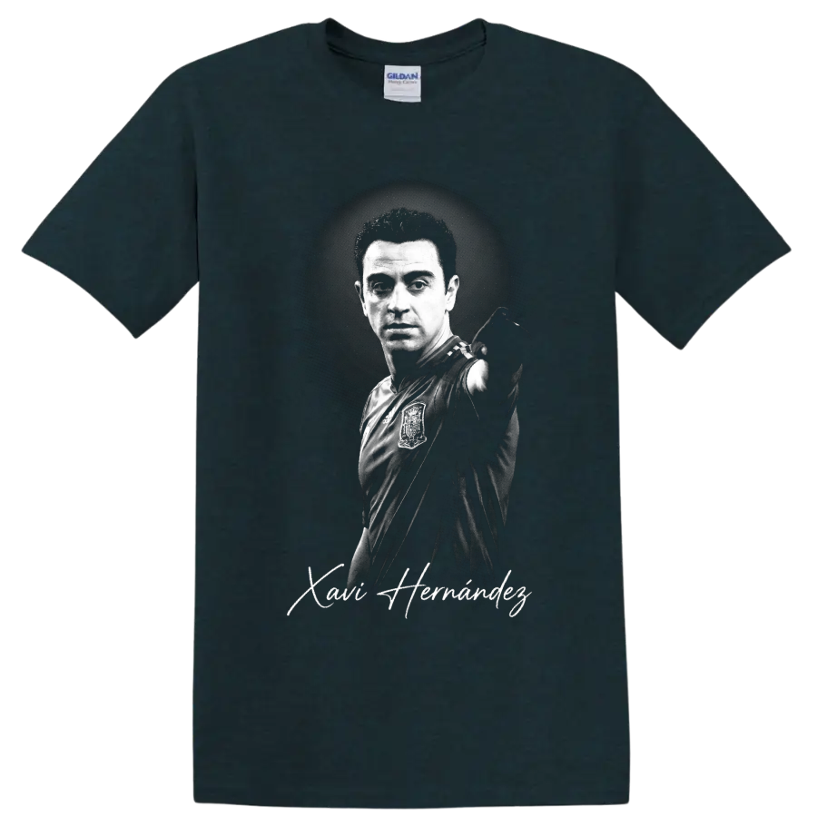 Xavi Hernández grayscale Spain soccer portrait with signature-style script on a Midnight (Green) T Shirt