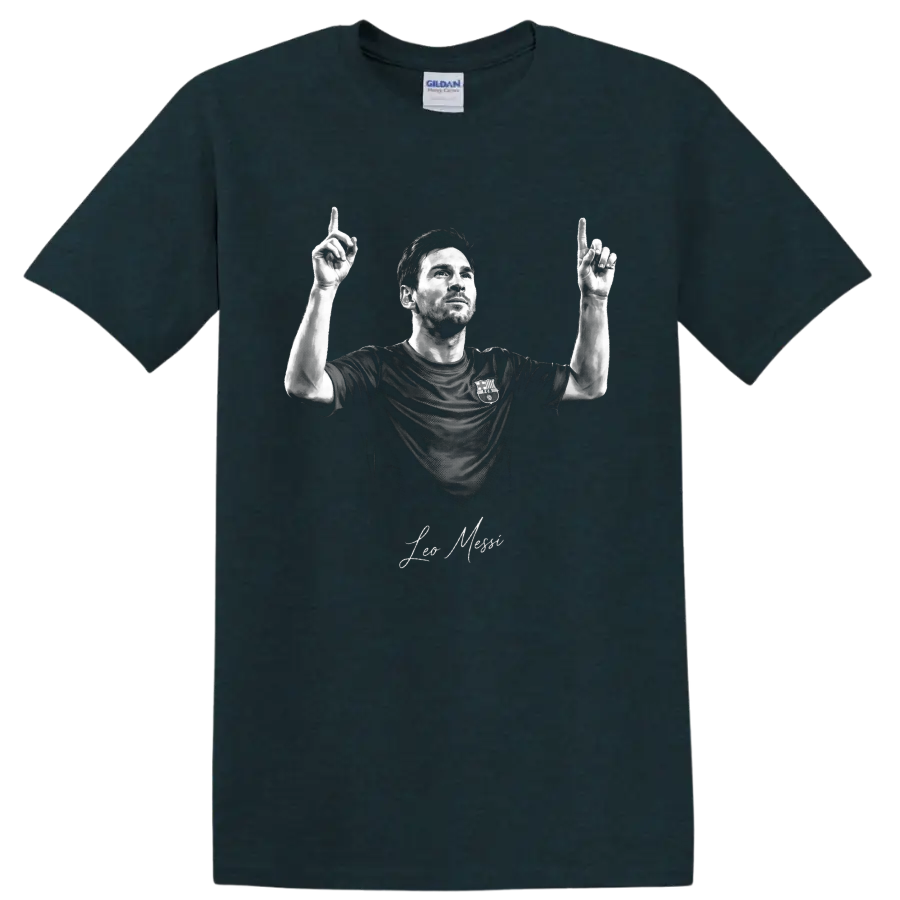 Lionel Messi monochrome soccer portrait with raised hands and signature-style lettering on a Midnight (Green) T Shirt