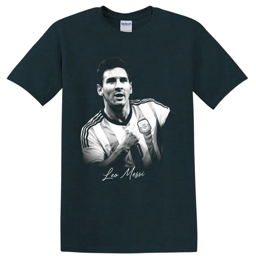 Lionel Messi Argentina soccer portrait with raised fist and signature-style name on a Midnight (Green) T Shirt