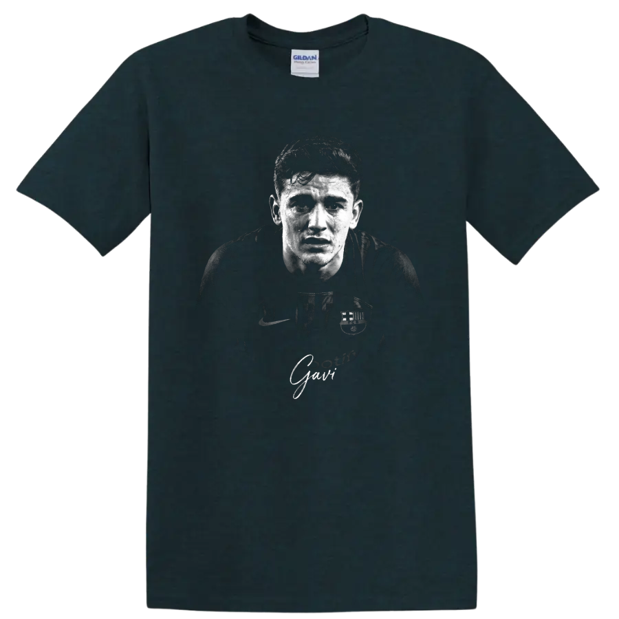 Pablo Gavi FC Barcelona black-and-white distressed soccer portrait with signature text on a Midnight (Green) T Shirt