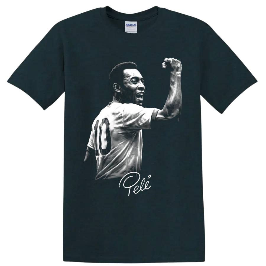 Black-and-white Pelé number 10 soccer portrait with raised fist and signature on a Midnight (Green) T Shirt