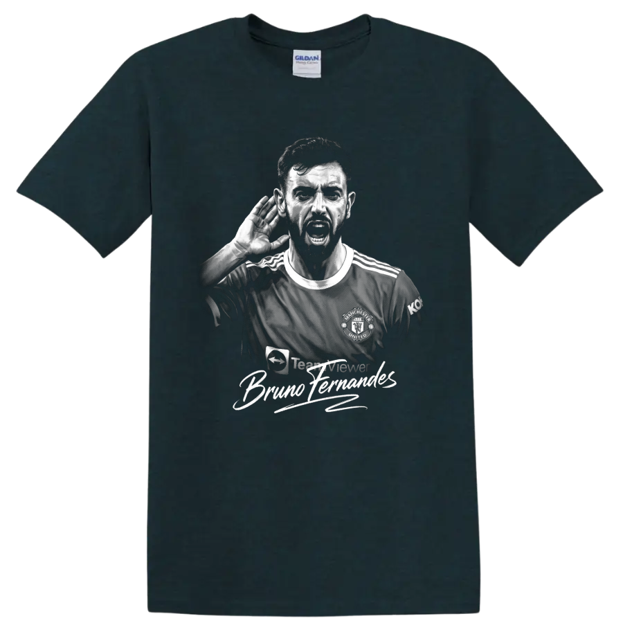 Bruno Fernandes monochrome soccer portrait with hand-to-ear pose and signature lettering on a Midnight (Green) T Shirt