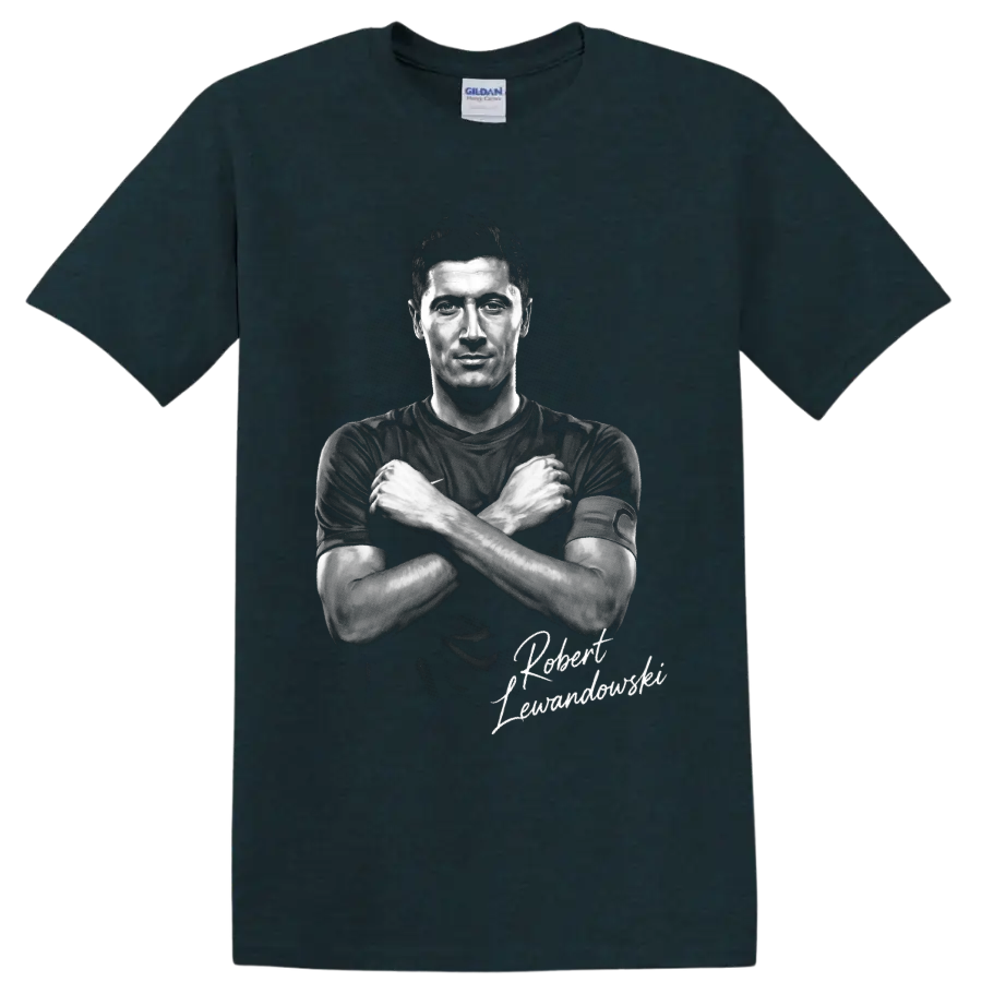 Robert Lewandowski crossed-arms grayscale soccer portrait with script signature on a Midnight (Green) T Shirt