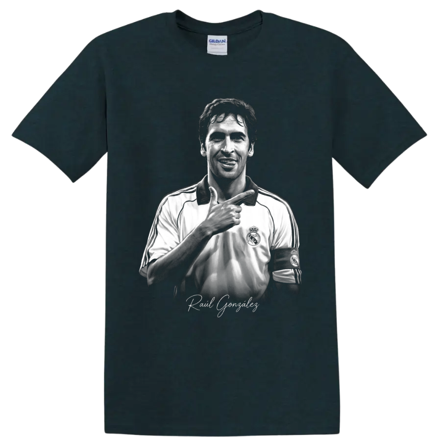 Raúl González grayscale Real Madrid captain portrait with signature-style lettering on a Midnight (Green) T Shirt