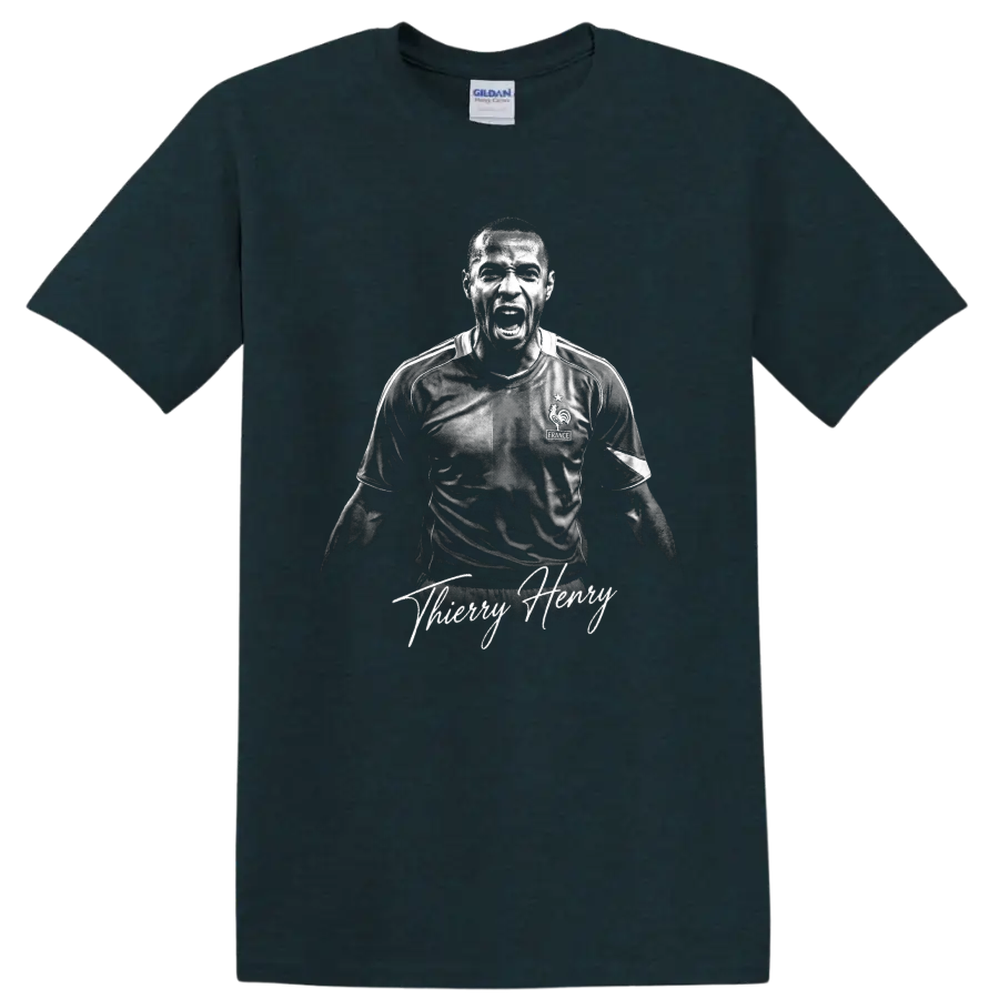 Thierry Henry France soccer celebration portrait with signature-style lettering on a Midnight (Green) T Shirt