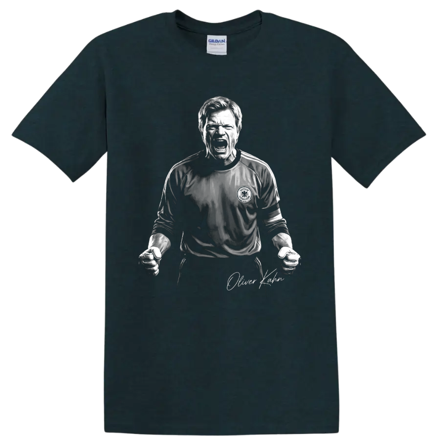 Oliver Kahn roaring goalkeeper portrait in dramatic black-and-white illustration on a Midnight (Green) T Shirt