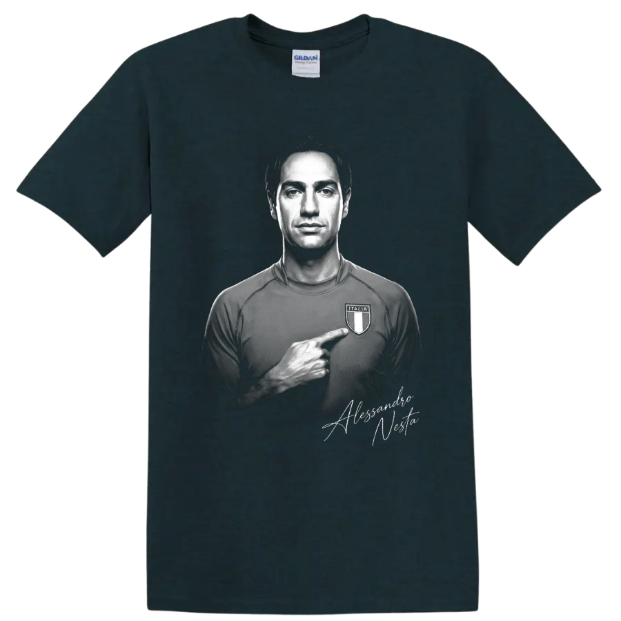 Alessandro Nesta monochrome Italy soccer portrait pointing to an Italia crest on a Midnight (Green) T Shirt