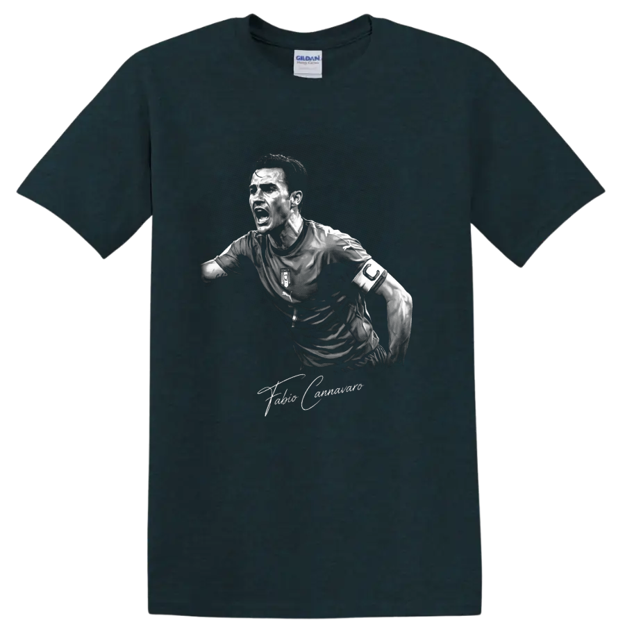 Fabio Cannavaro monochrome Italy soccer captain portrait with signature text on a Midnight (Green) T Shirt