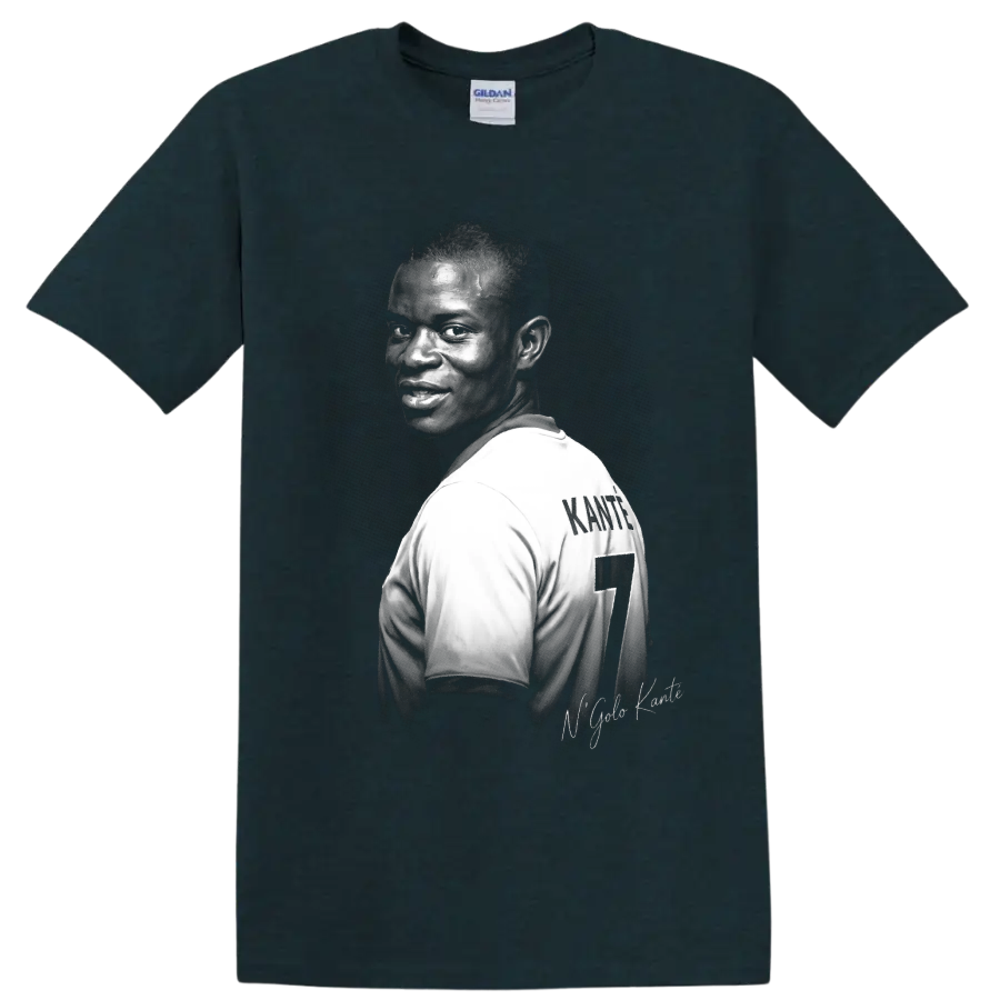N'Golo Kanté soccer midfielder portrait with number 7 jersey in monochrome graphic art on a Midnight (Green) T Shirt
