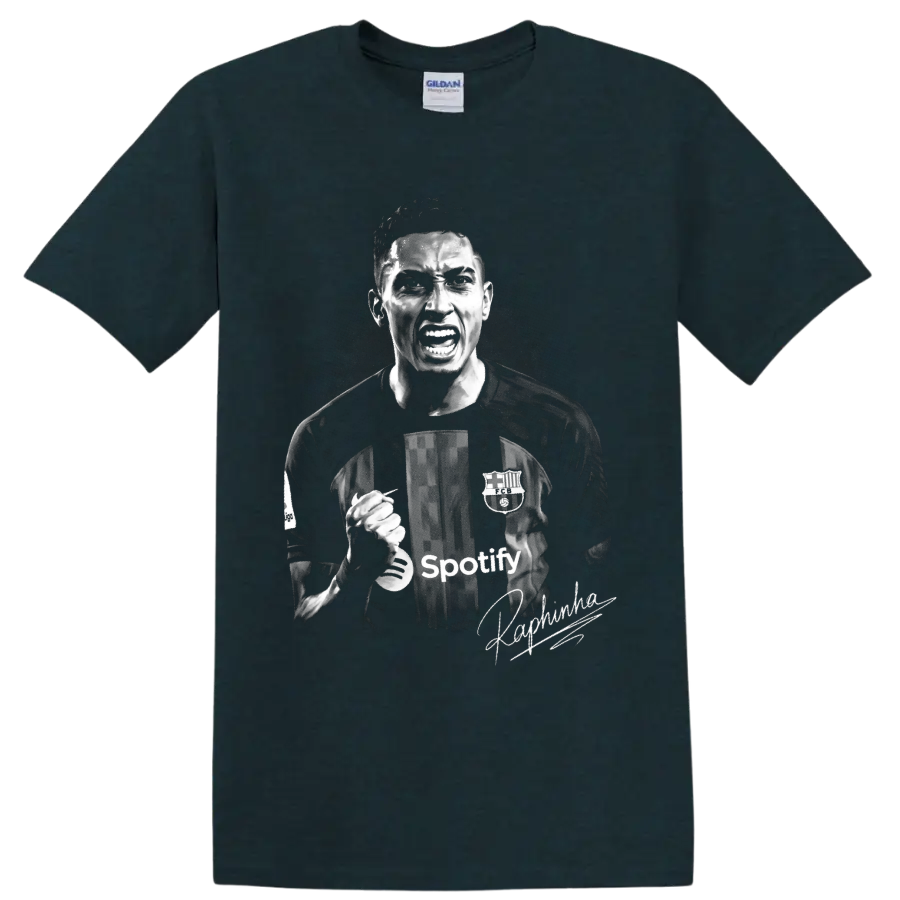 Raphinha Barcelona soccer celebration portrait in gritty monochrome with signature-style on a Midnight (Green) T Shirt