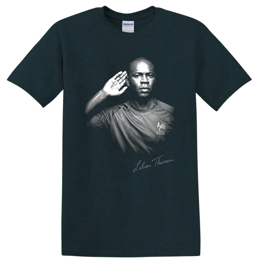 Lilian Thuram France defender monochrome portrait with raised-hand listening gesture on a Midnight (Green) T Shirt