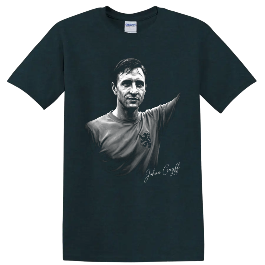 Johan Cruyff monochrome soccer portrait with raised arm and signature-style text on a Midnight (Green) T Shirt