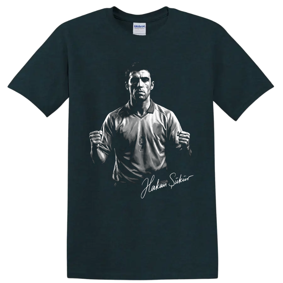 Hakan Şükür soccer striker portrait with number 9 jersey and signature-style text on a Midnight (Green) T Shirt