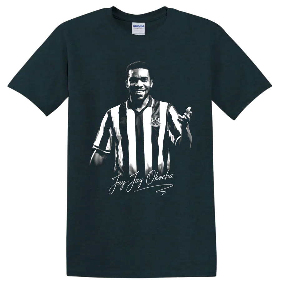 Jay-Jay Okocha monochrome soccer portrait with striped jersey and signature script on a Midnight (Green) T Shirt