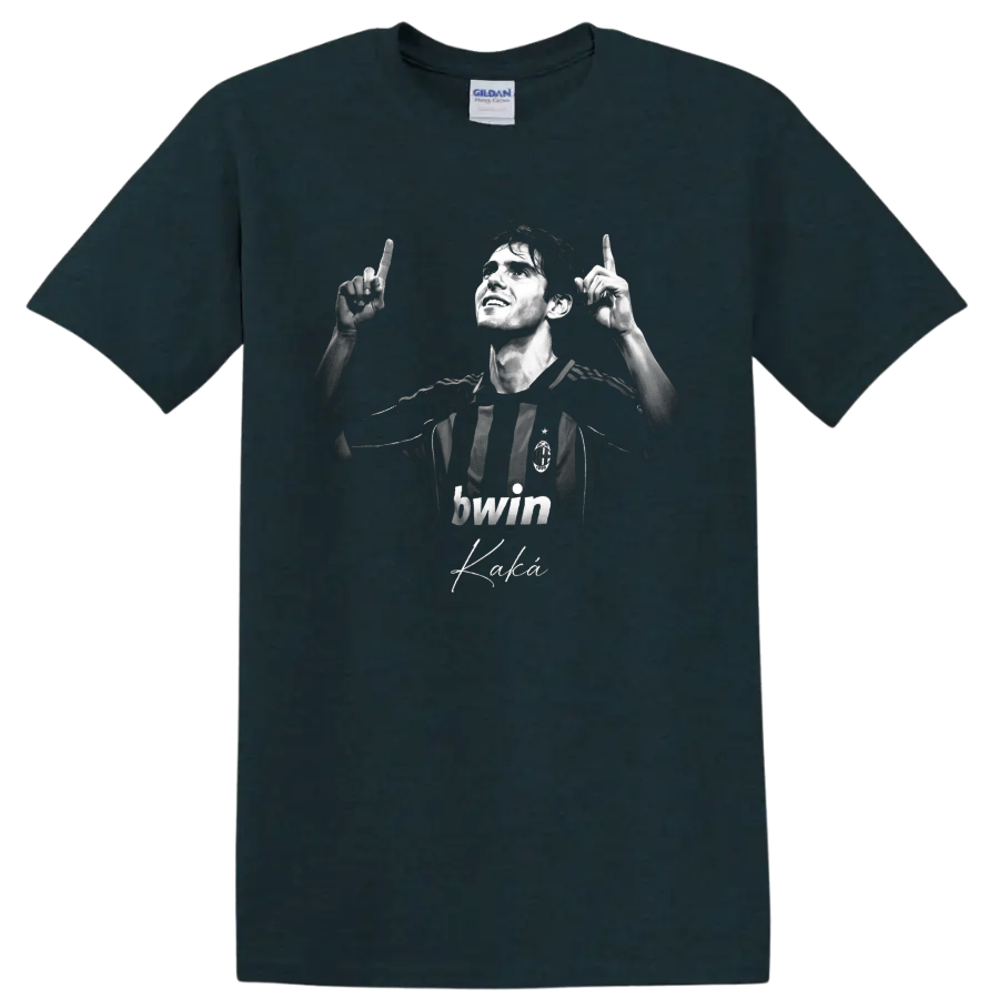 Kaká AC Milan monochrome portrait with raised hands and signature-style script on a Midnight (Green) T Shirt