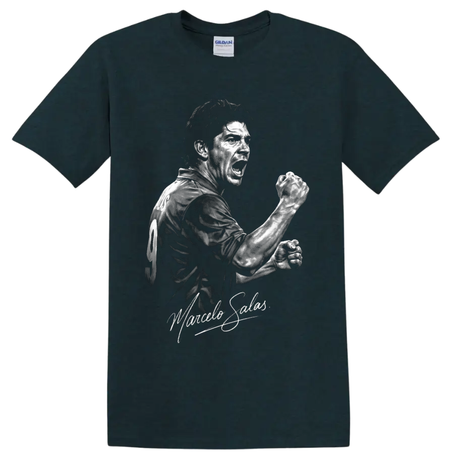 Marcelo Salas monochrome soccer striker portrait with clenched-fist celebration on a Midnight (Green) T Shirt