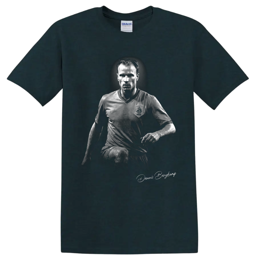 Dennis Bergkamp monochrome Netherlands soccer portrait with signature-style script on a Midnight (Green) T Shirt
