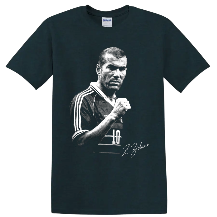 Zinedine Zidane black-and-white France soccer portrait with number 10 and signature on a Midnight (Green) T Shirt