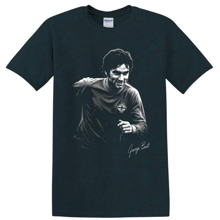 George Best Northern Irish soccer portrait in high-contrast monochrome art on a Midnight (Green) T Shirt