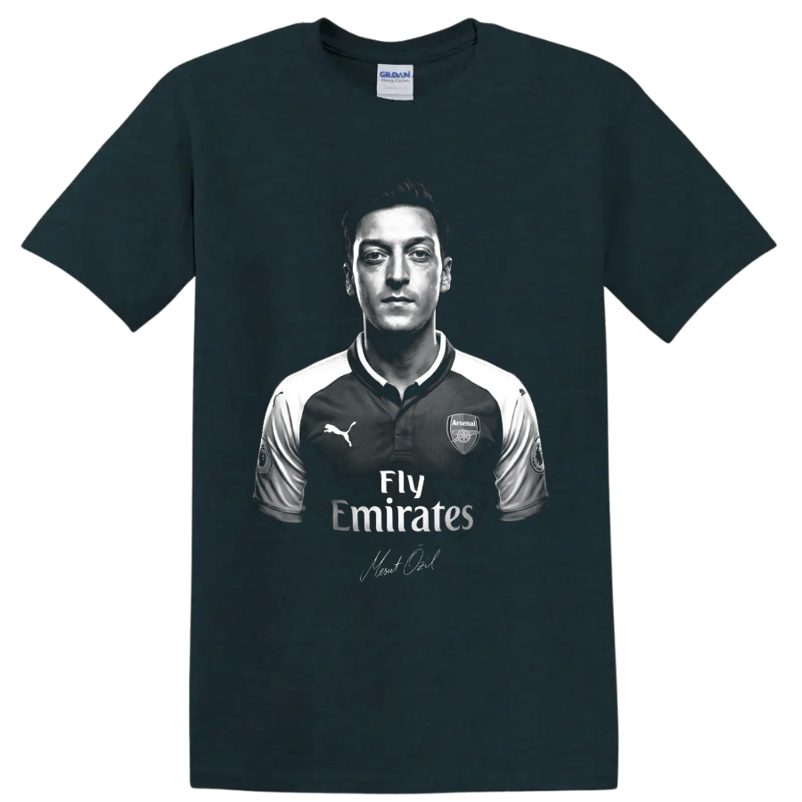 Mesut Ozil Arsenal soccer portrait in dramatic black-and-white graphic art on a Midnight (Green) T Shirt