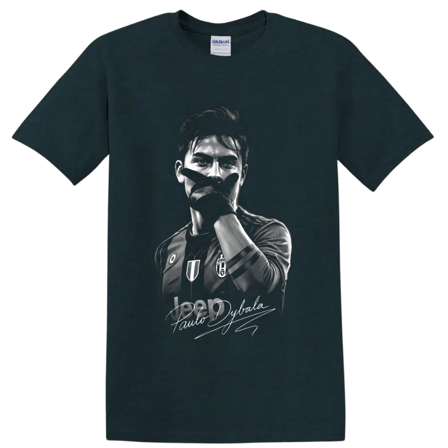 Paulo Dybala monochrome soccer portrait with mask-style celebration pose and signature on a Midnight (Green) T Shirt