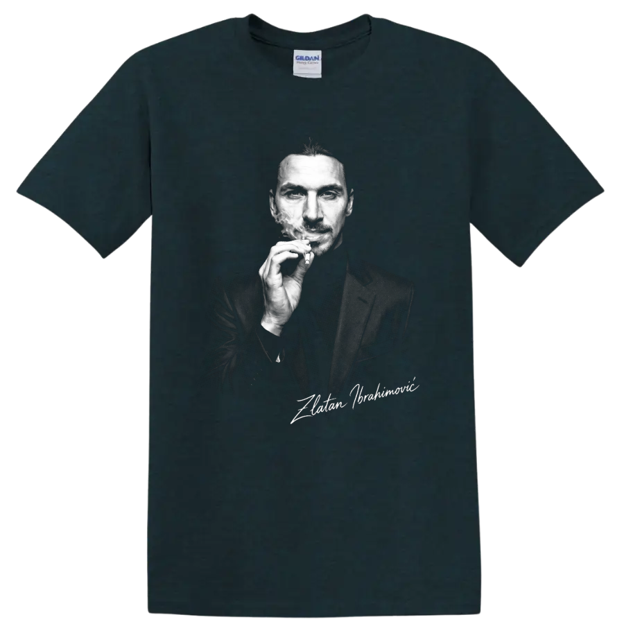 Zlatan Ibrahimović black-and-white smoking portrait with signature-style text on a Midnight (Green) T Shirt