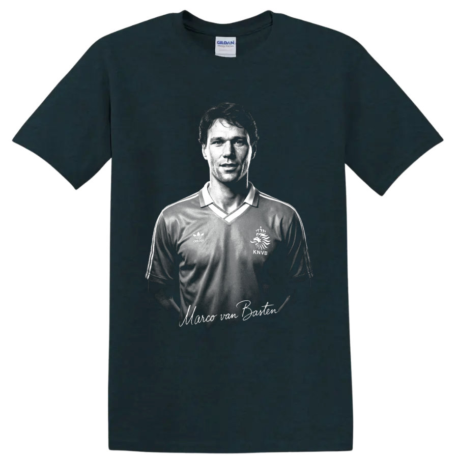 Monochrome Marco van Basten Dutch soccer portrait with signature-style lettering on a Midnight (Green) T Shirt