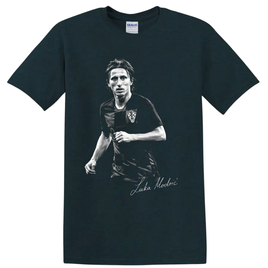 Luka Modric Croatia soccer midfielder grayscale portrait with signature-style script on a Midnight (Green) T Shirt