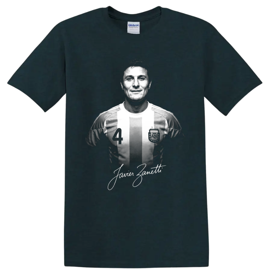 Javier Zanetti monochrome soccer portrait in striped number 4 jersey with signature on a Midnight (Green) T Shirt