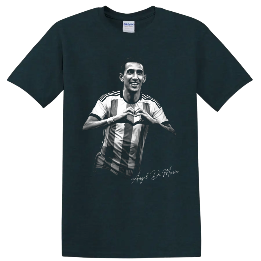 Ángel Di María monochrome soccer portrait making a heart gesture in a striped jersey on a Midnight (Green) T Shirt